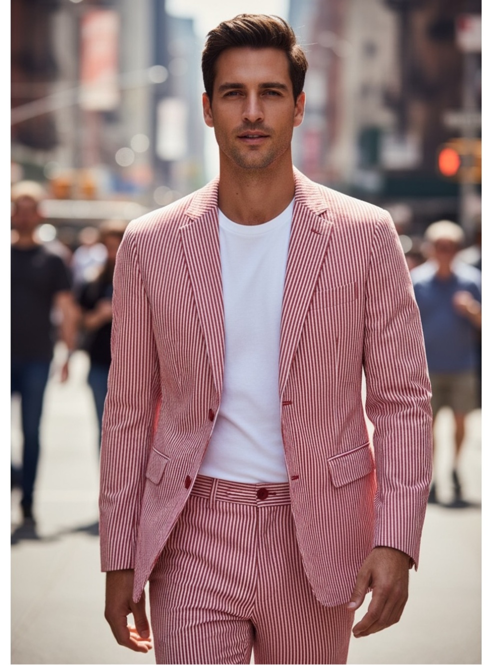 Men's Red & White Pin Striped Blazer and Trousers Set